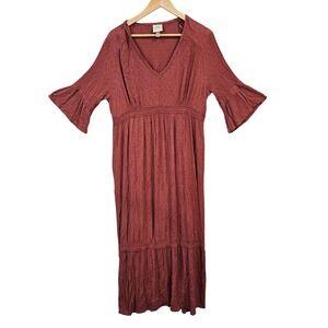 Womens Boho Gauze Dress XXL Clipped Dot Embroidered Maxi Dress Dusty Rose Tiered